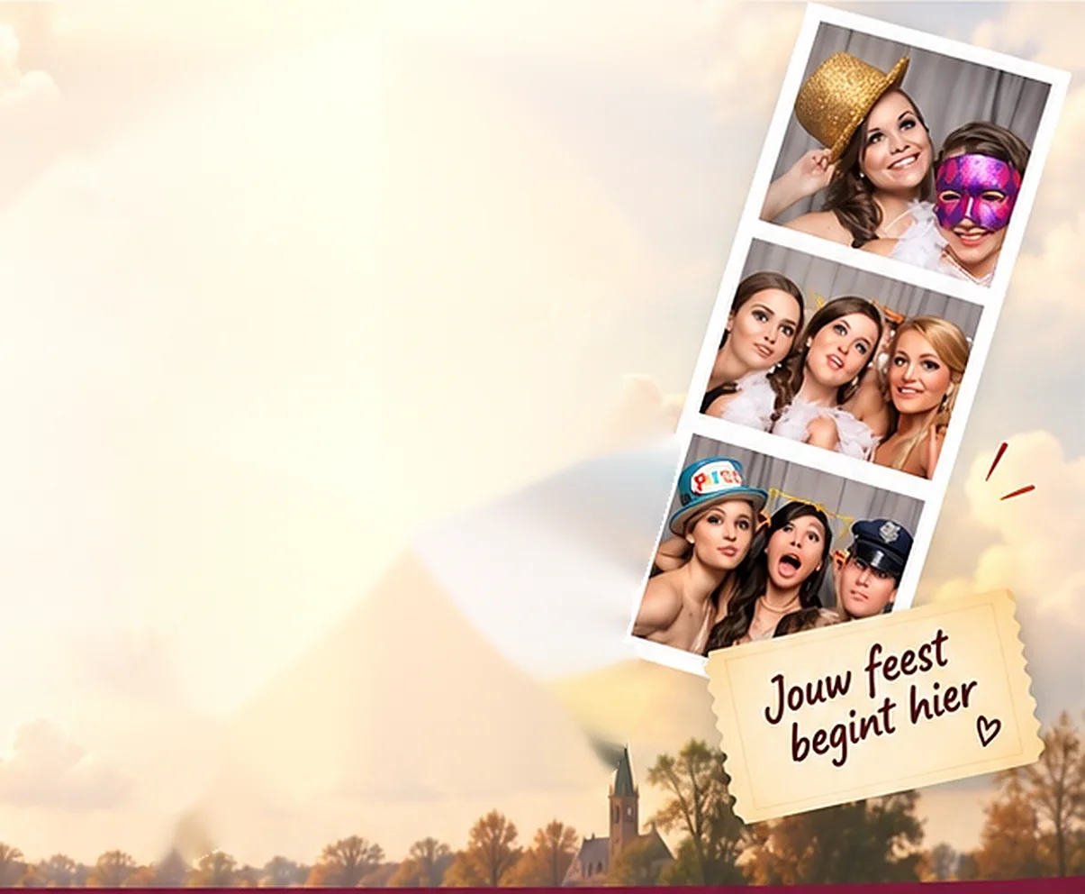 Luchtballon van Puur Entertainment met Sinterklaas, de Kerstman, de paashaas en andere feestfiguren, naast een fotostrip uit de photobooth met het kaartje 'Jouw feest begint hier'